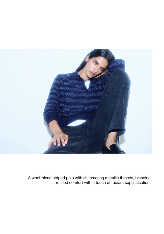 METALLIC STRIPE POLO SWEATER