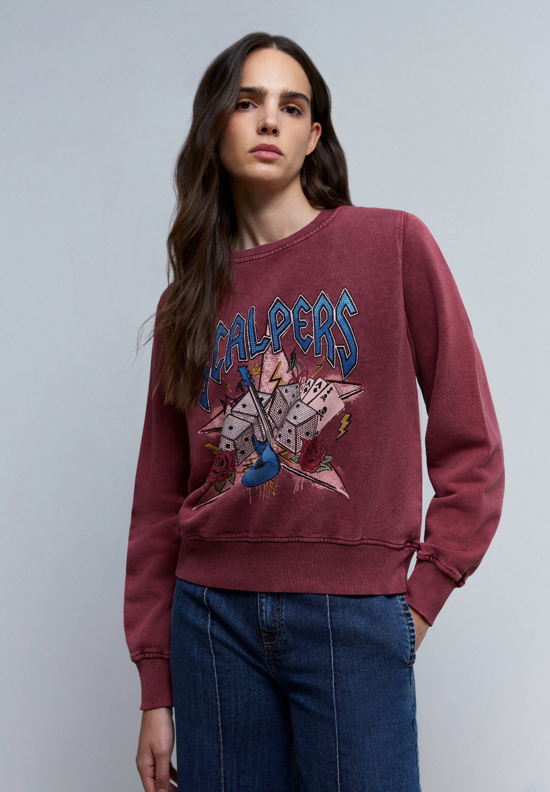 FADED SWEATSHIRT WITH RHINESTONES