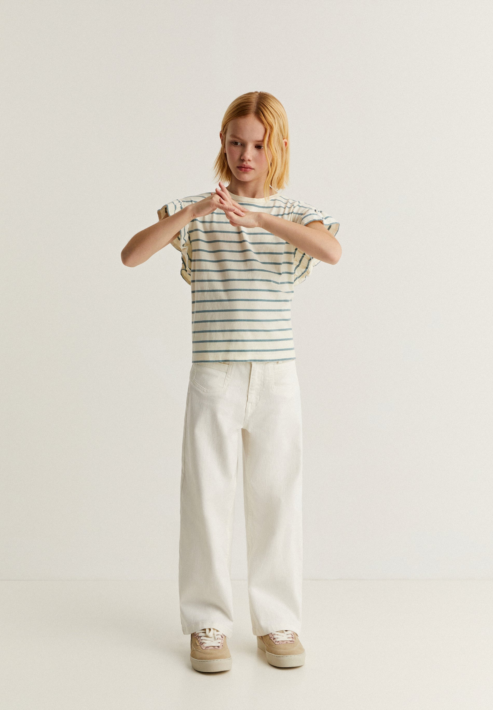 STRIPED T-SHIRT WITH RUFFLED SLEEVES