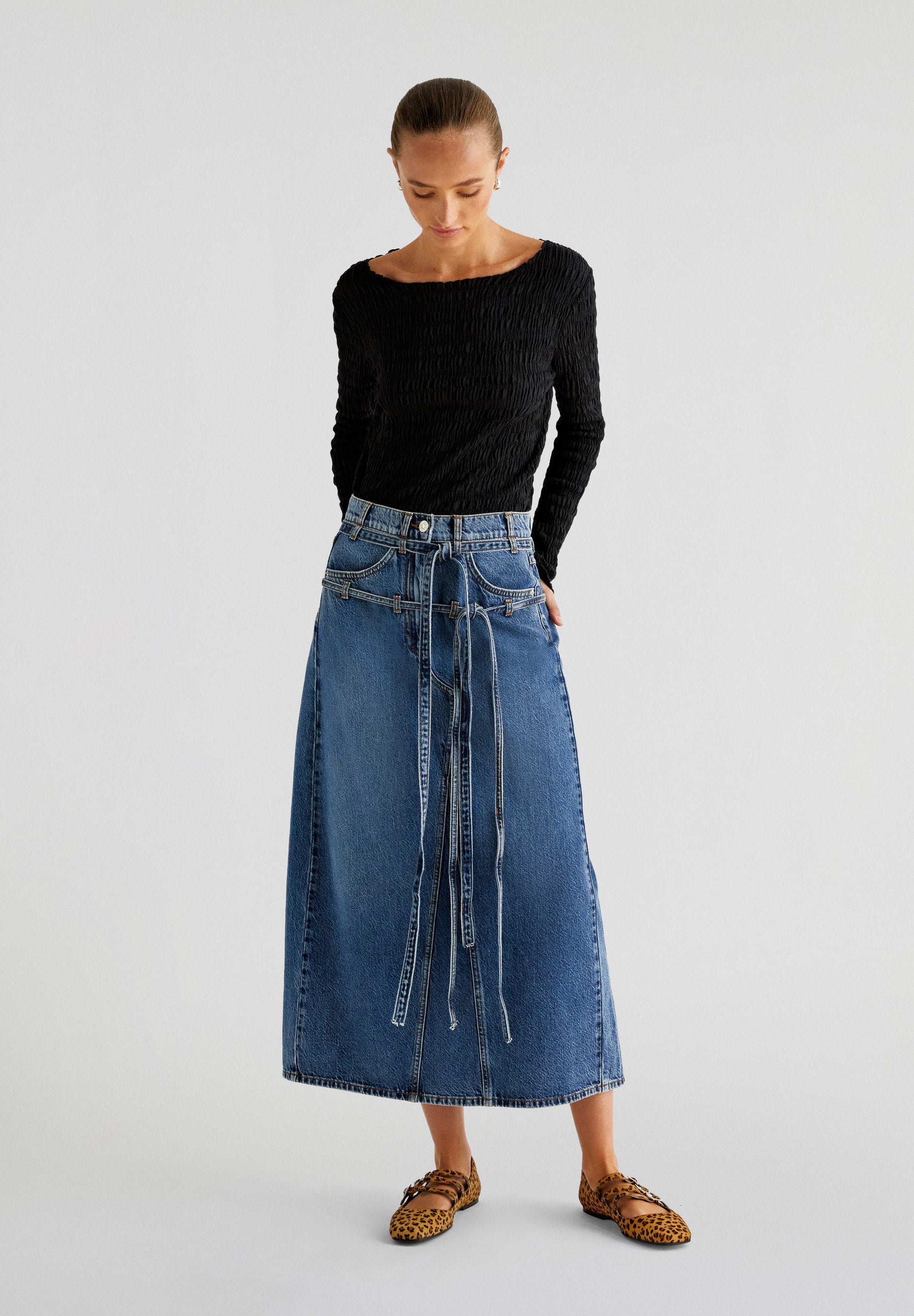 DENIM MIDI SKIRT WITH BOWS