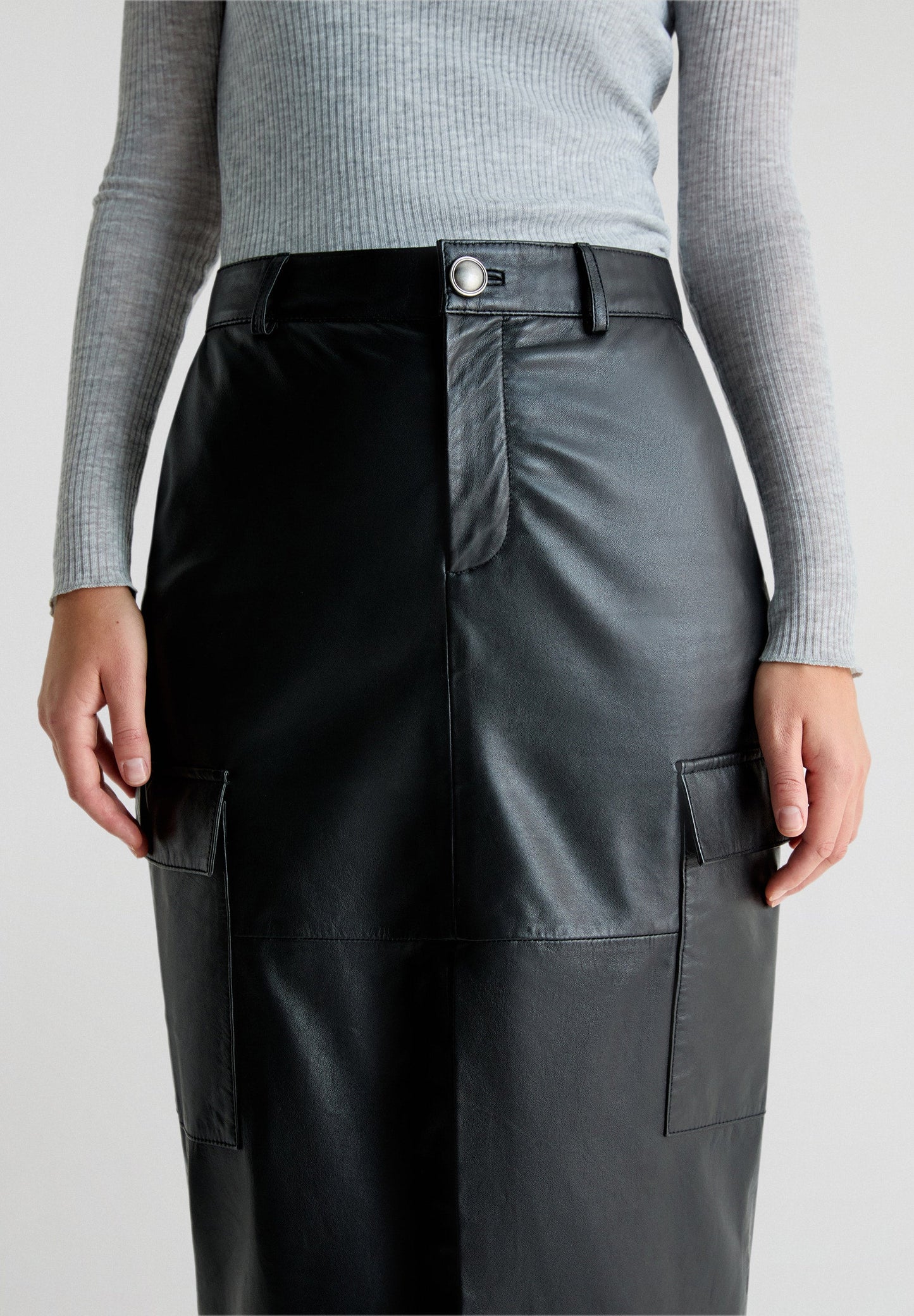 LEATHER CARGO MIDI SKIRT