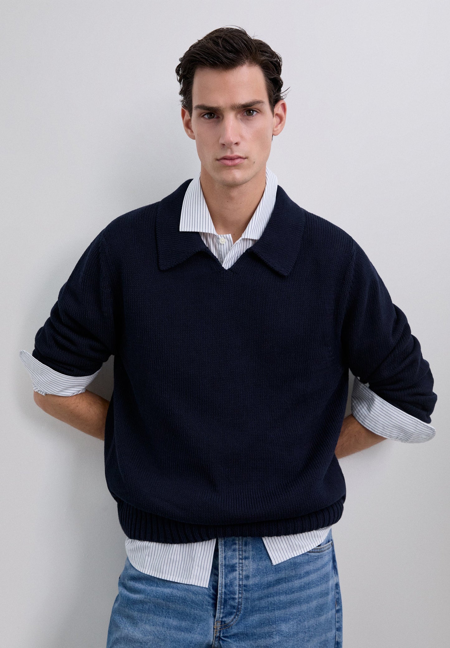 COTTON KNIT POLO SWEATER