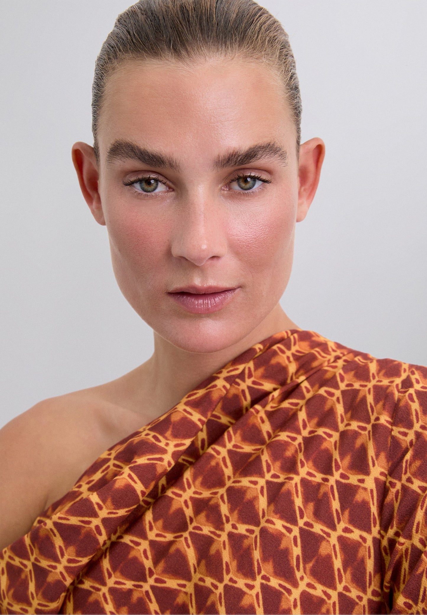 PRINTED ASYMMETRIC NECKLINE DRESS