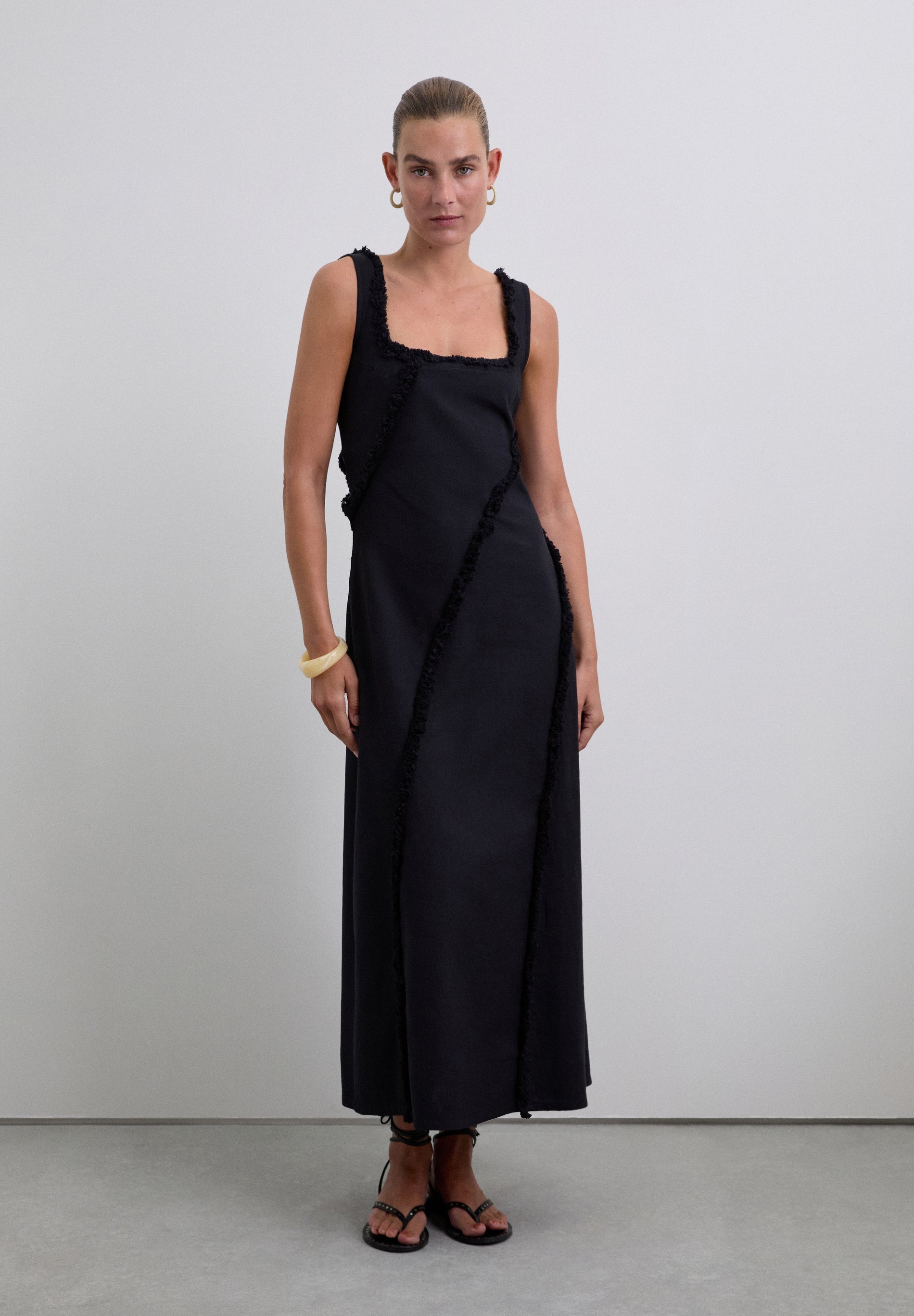 FRINGED DRESS WITH TOPSTITCHING