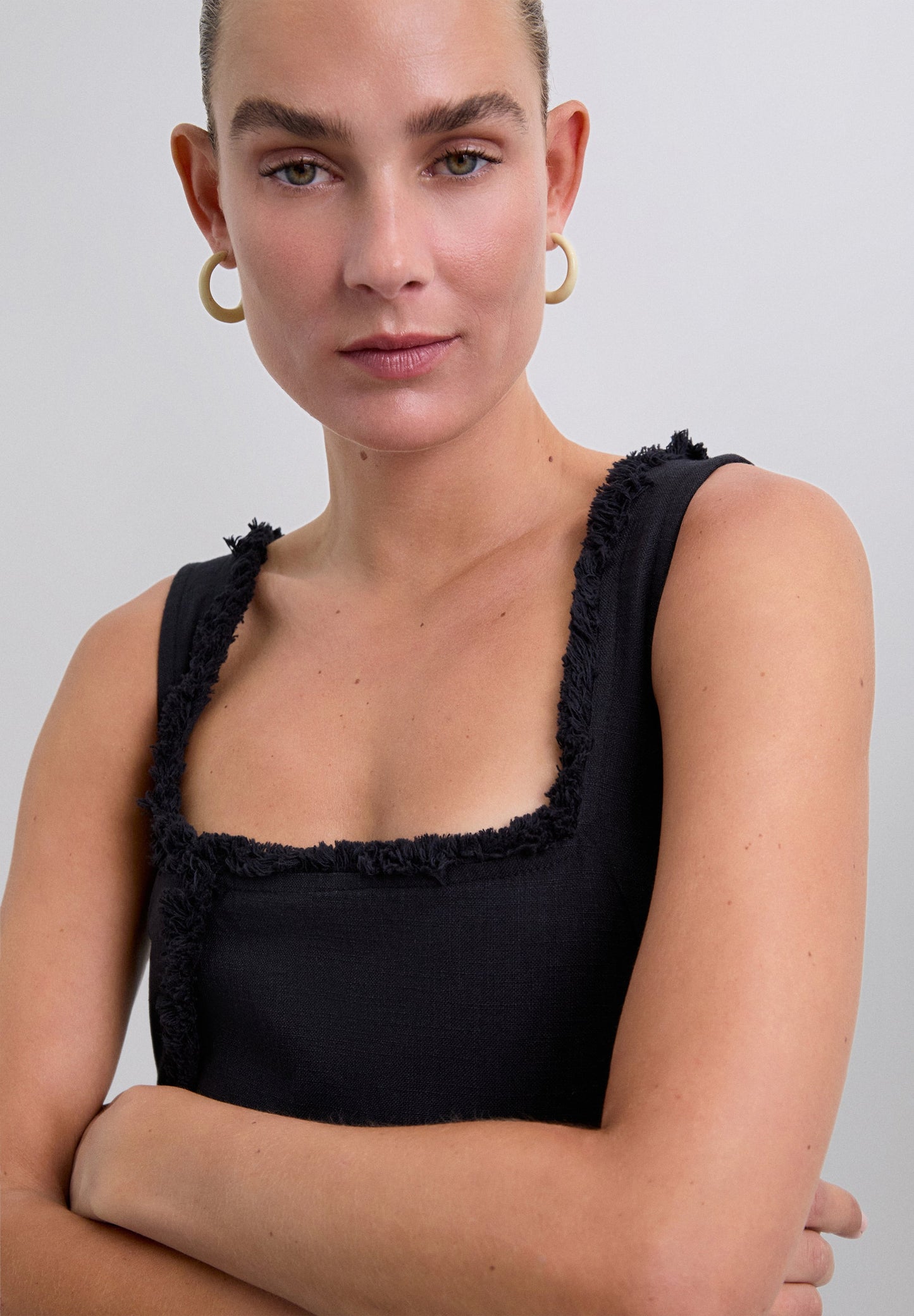 FRINGED DRESS WITH TOPSTITCHING