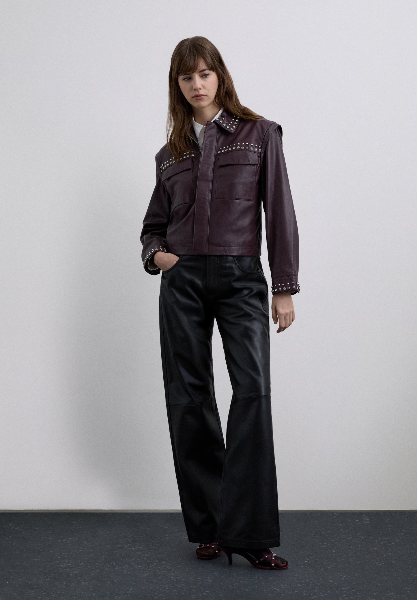 BURGUNDY LEATHER STUDDED JACKET