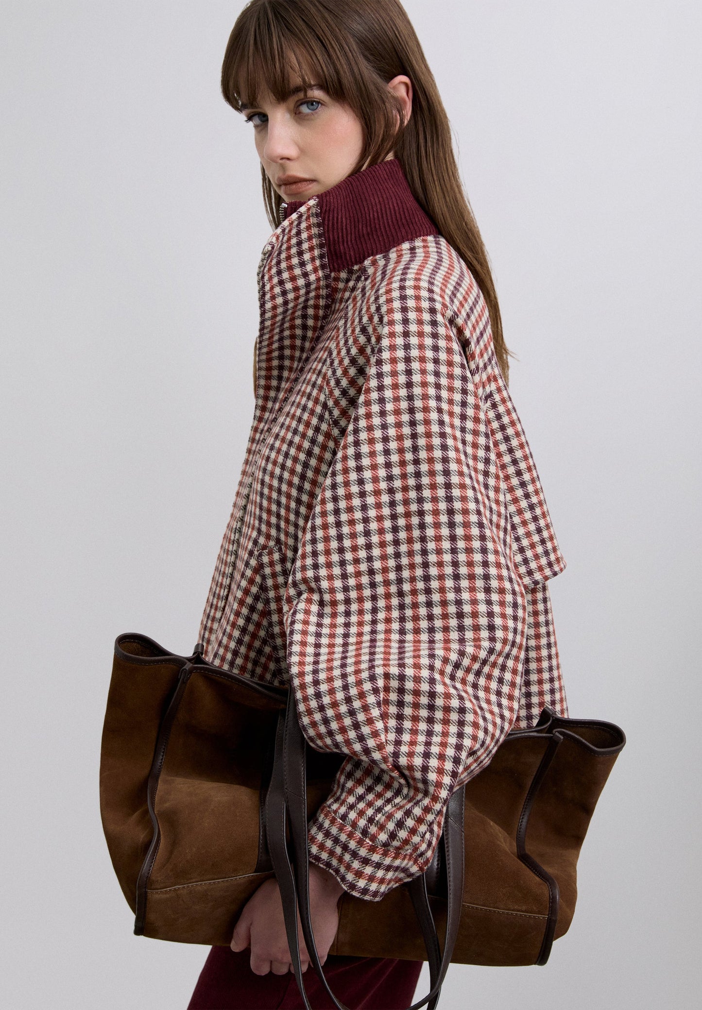 CHECKED BOMBER JACKET WITH CORDUROY COLLAR