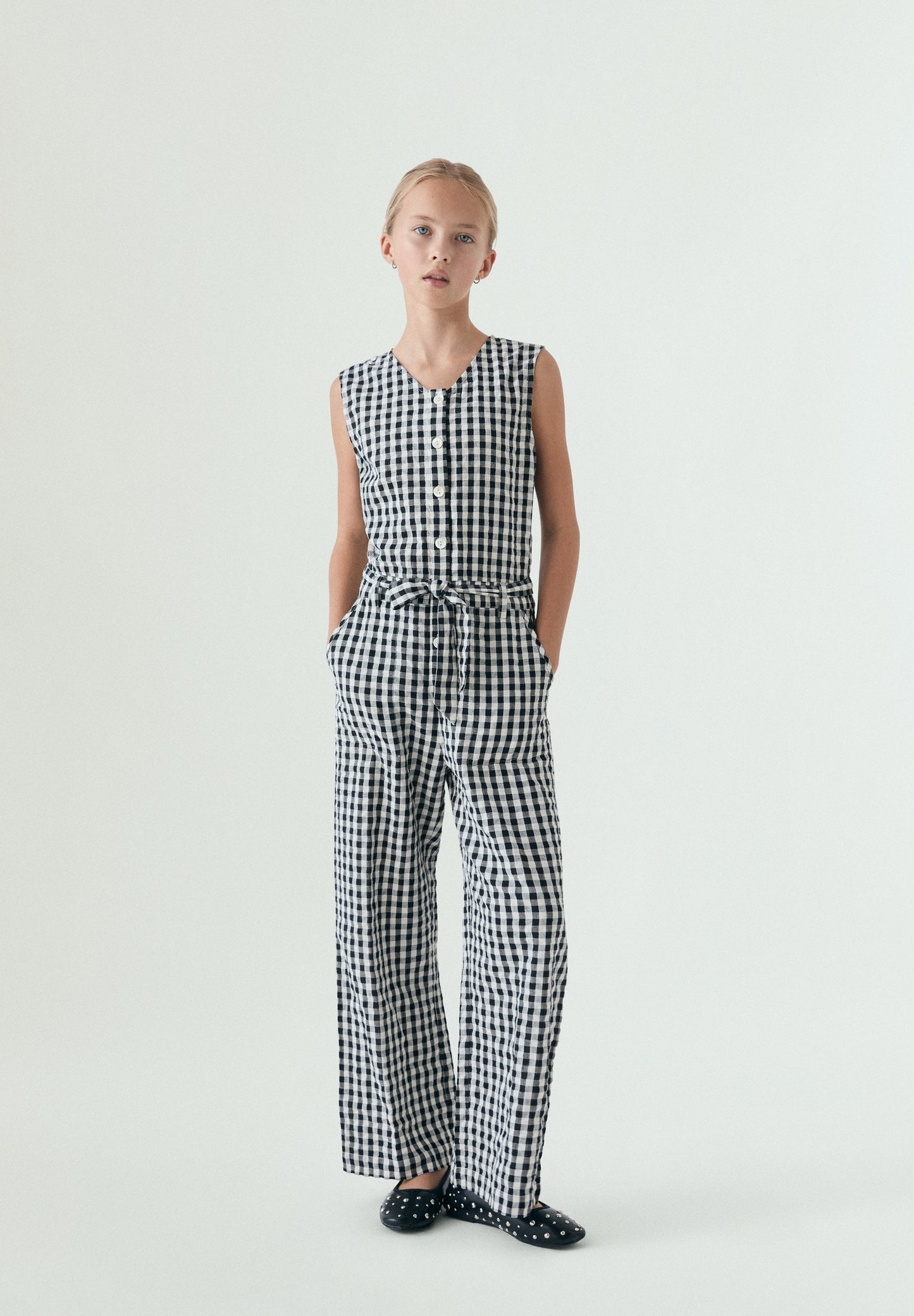 BELTED GINGHAM JUMPSUIT