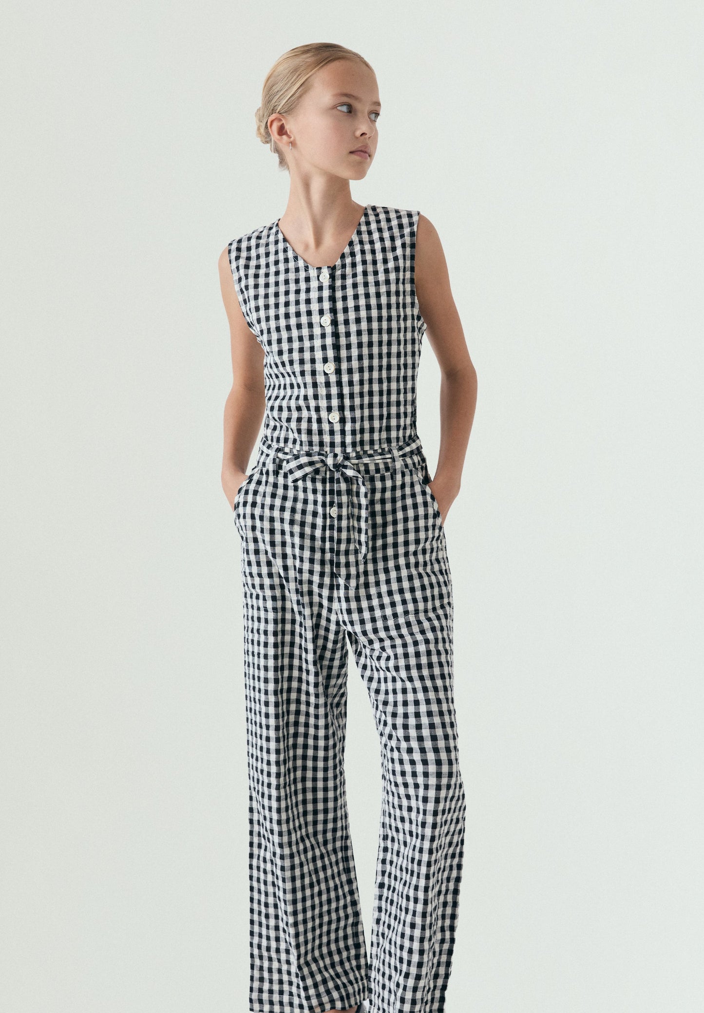 BELTED GINGHAM JUMPSUIT