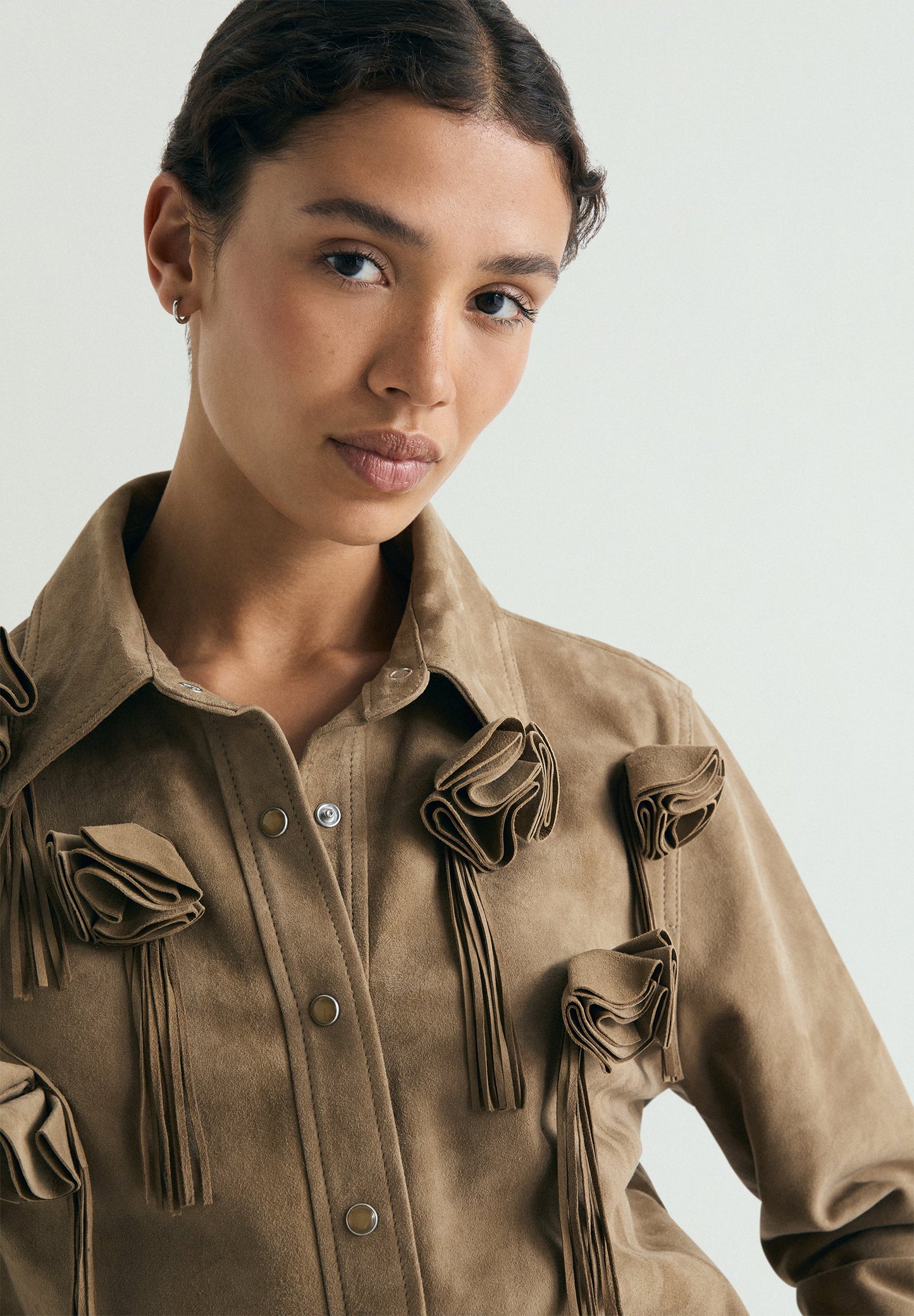 SUEDE SHIRT WITH FLORAL DETAIL