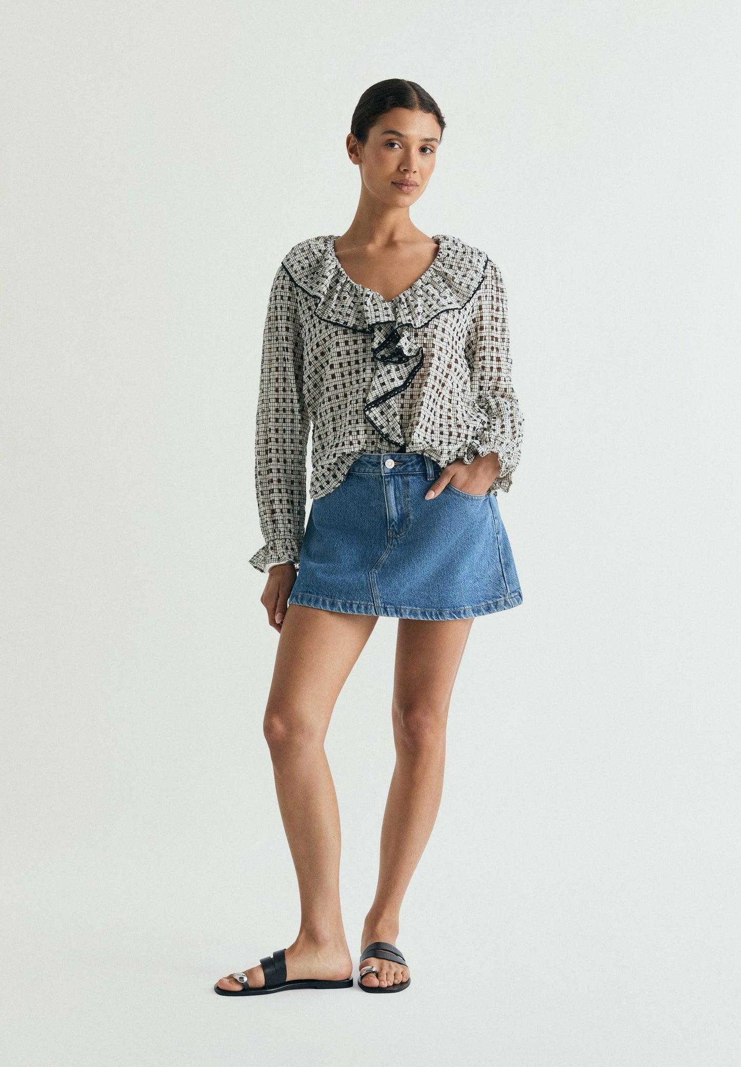 CHECK COTTON BLOUSE WITH RUFFLE