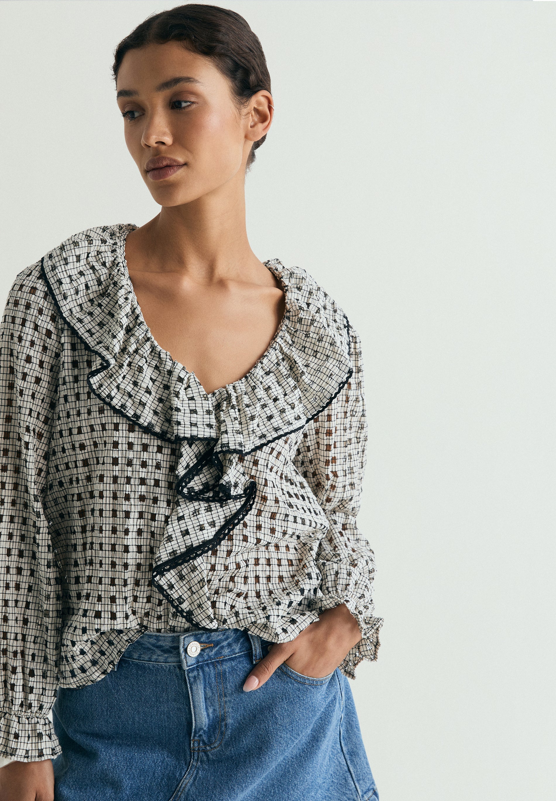 CHECK COTTON BLOUSE WITH RUFFLE