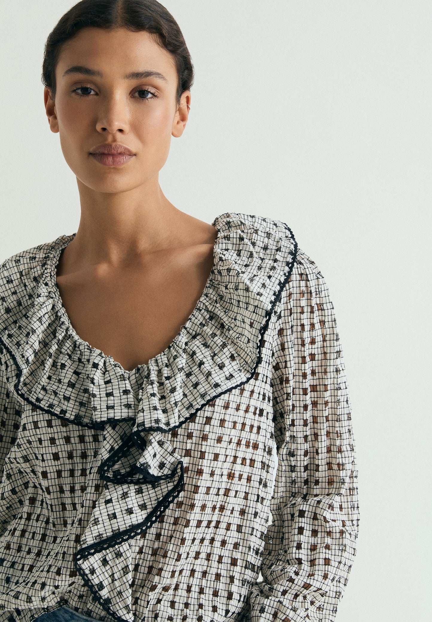 CHECK COTTON BLOUSE WITH RUFFLE