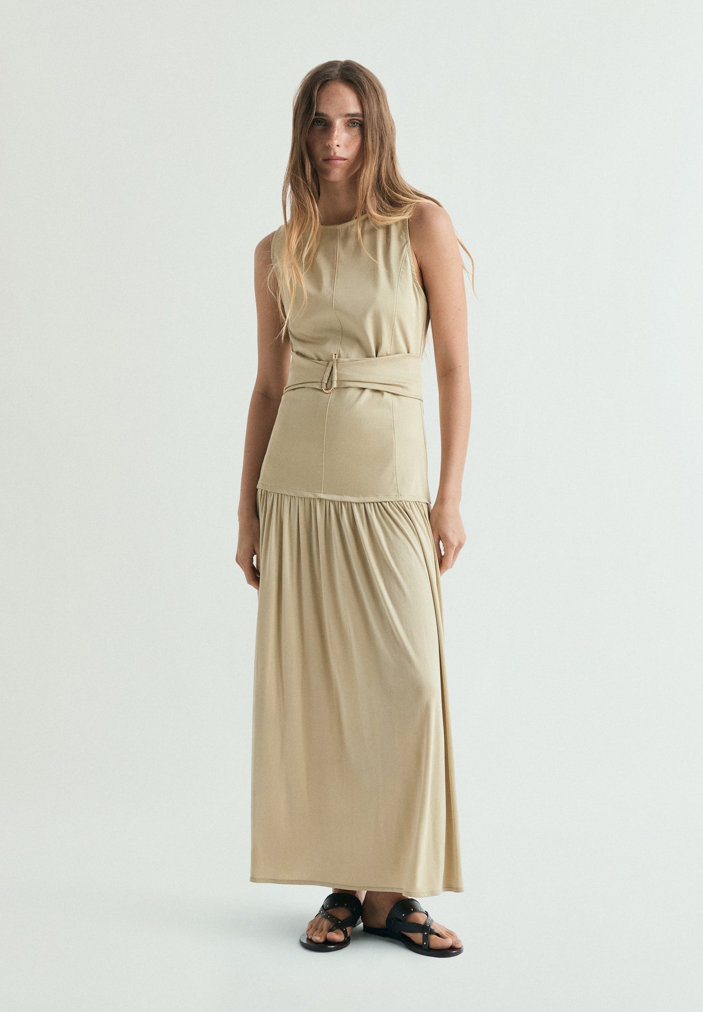 DRAPED MIDI DRESS WITH METAL DETAIL