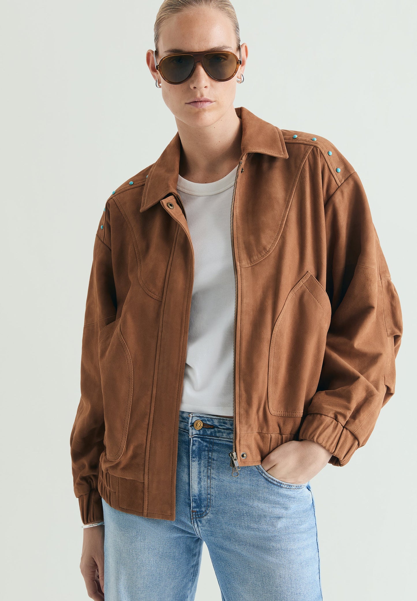 STUDDED SUEDE BOMBER JACKET