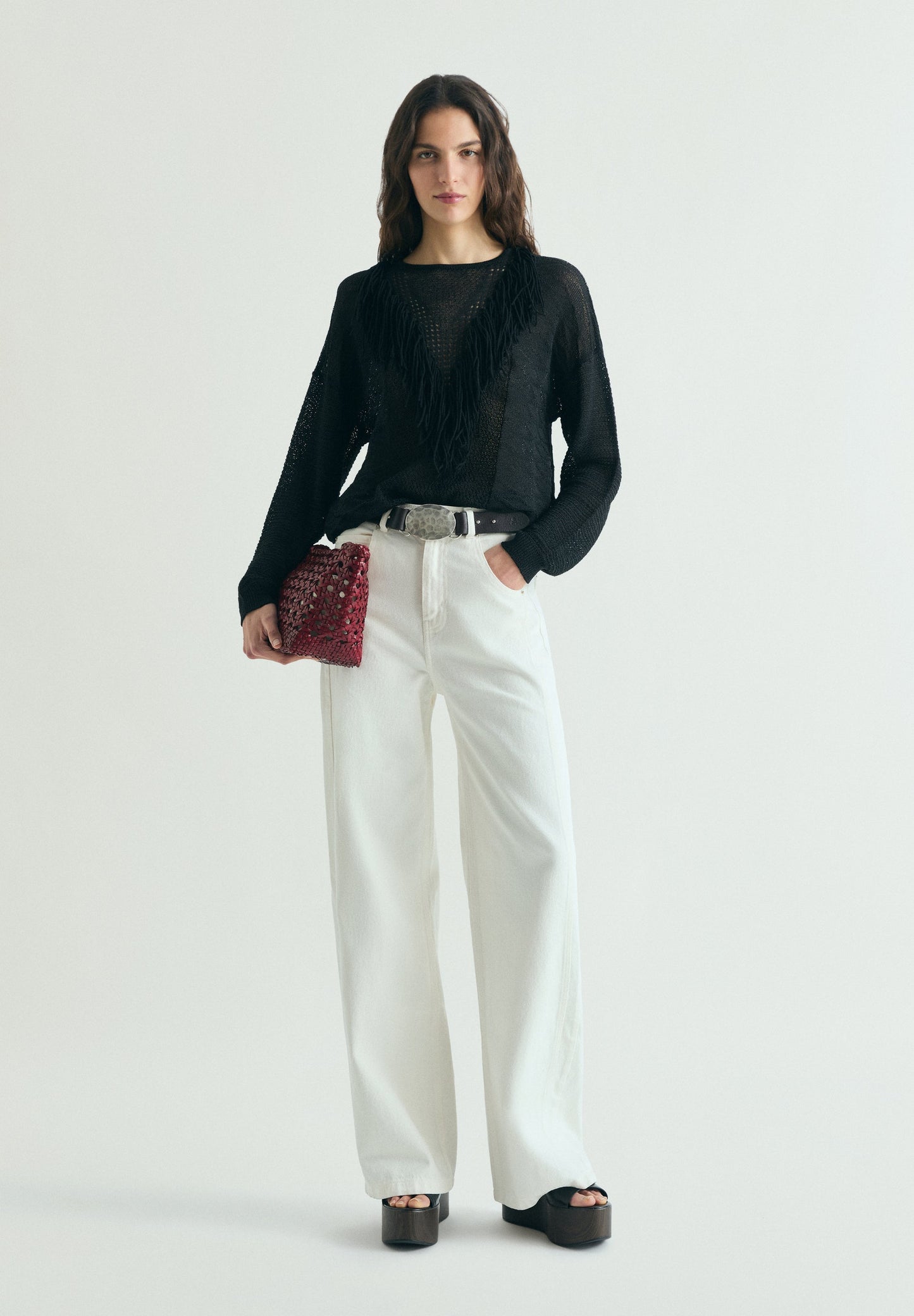 OPENWORK JUMPER WITH FRINGES