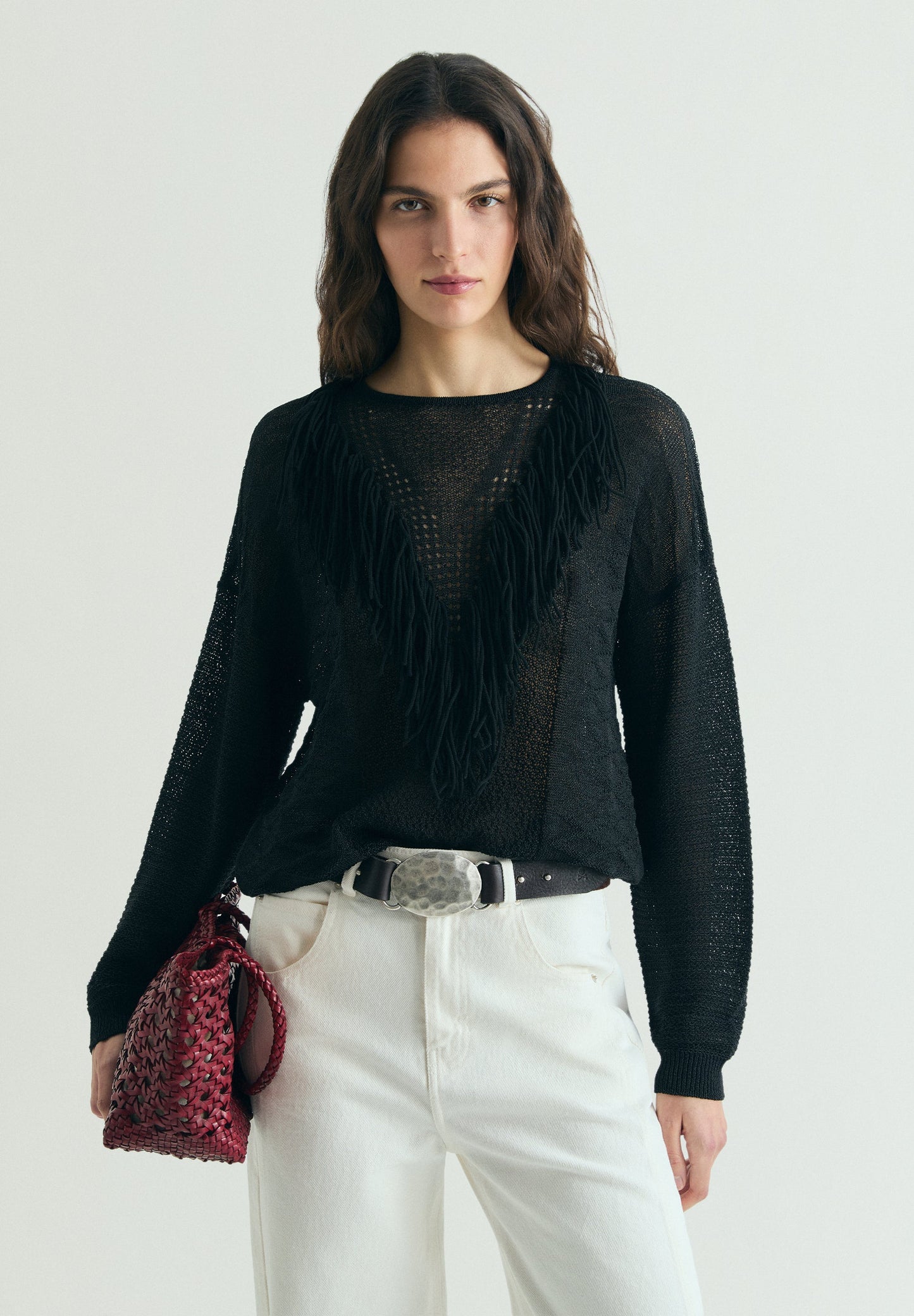 OPENWORK JUMPER WITH FRINGES