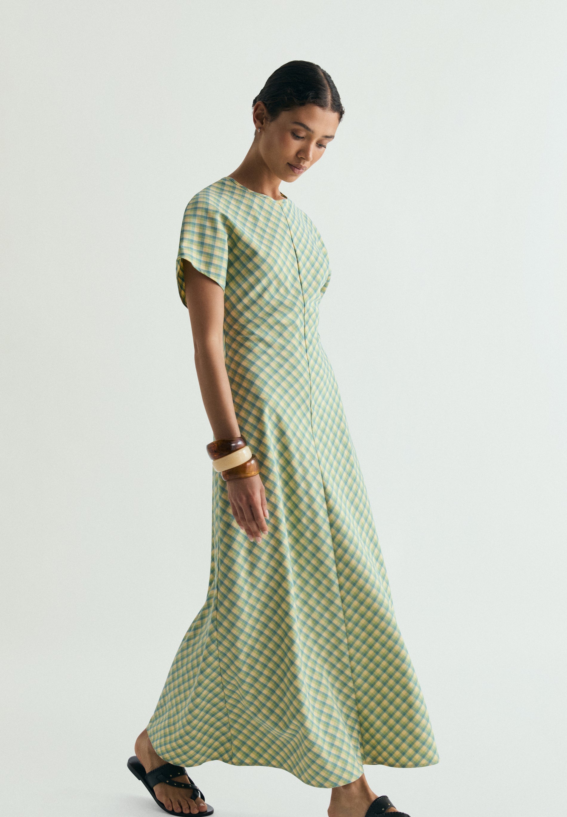 CHECK PRINT MIDI DRESS