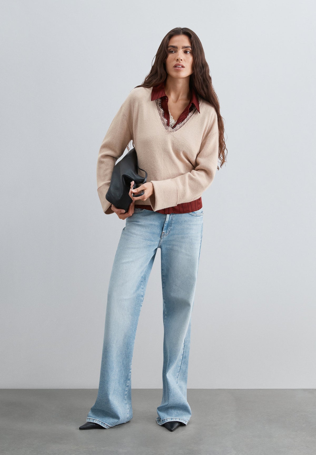 V-NECK SWEATER WITH LACE DETAIL