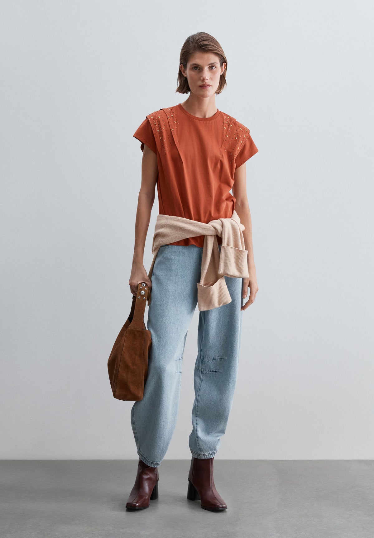 PLEATED DETAIL T-SHIRT WITH STUDS