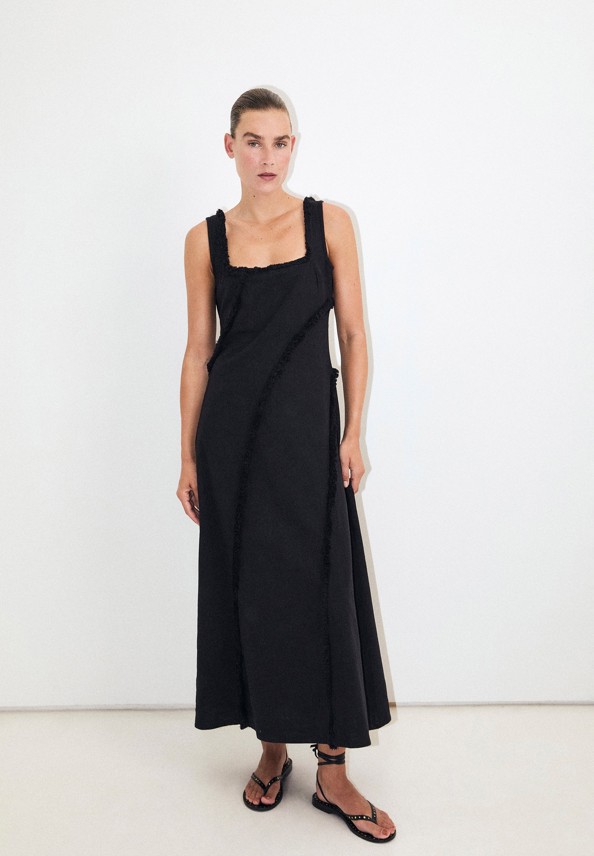 FRINGED DRESS WITH TOPSTITCHING